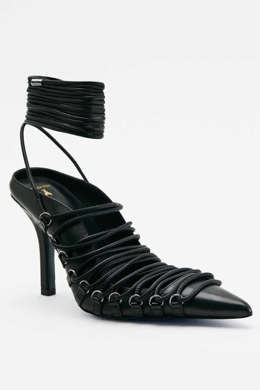 Laced Minimal Shape leather mules, Black/Silver, Patrizia Pepe