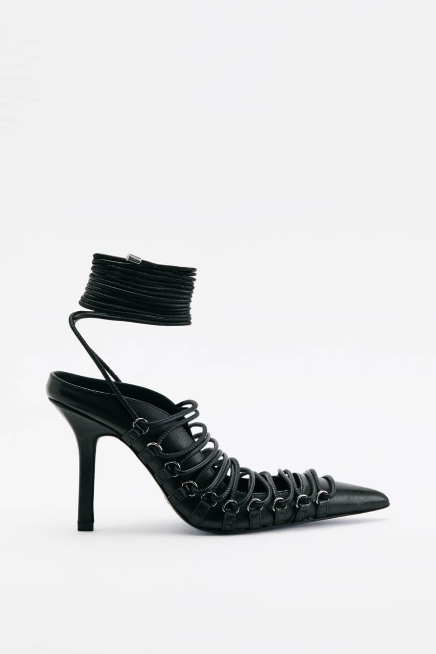 Laced Minimal Shape leather mules, Black/Silver, Patrizia Pepe