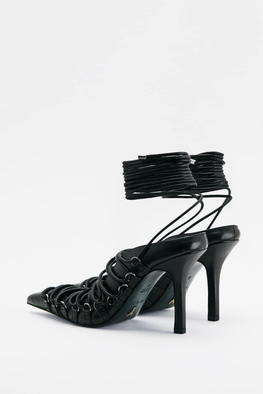 Laced Minimal Shape leather mules, Black/Silver, Patrizia Pepe