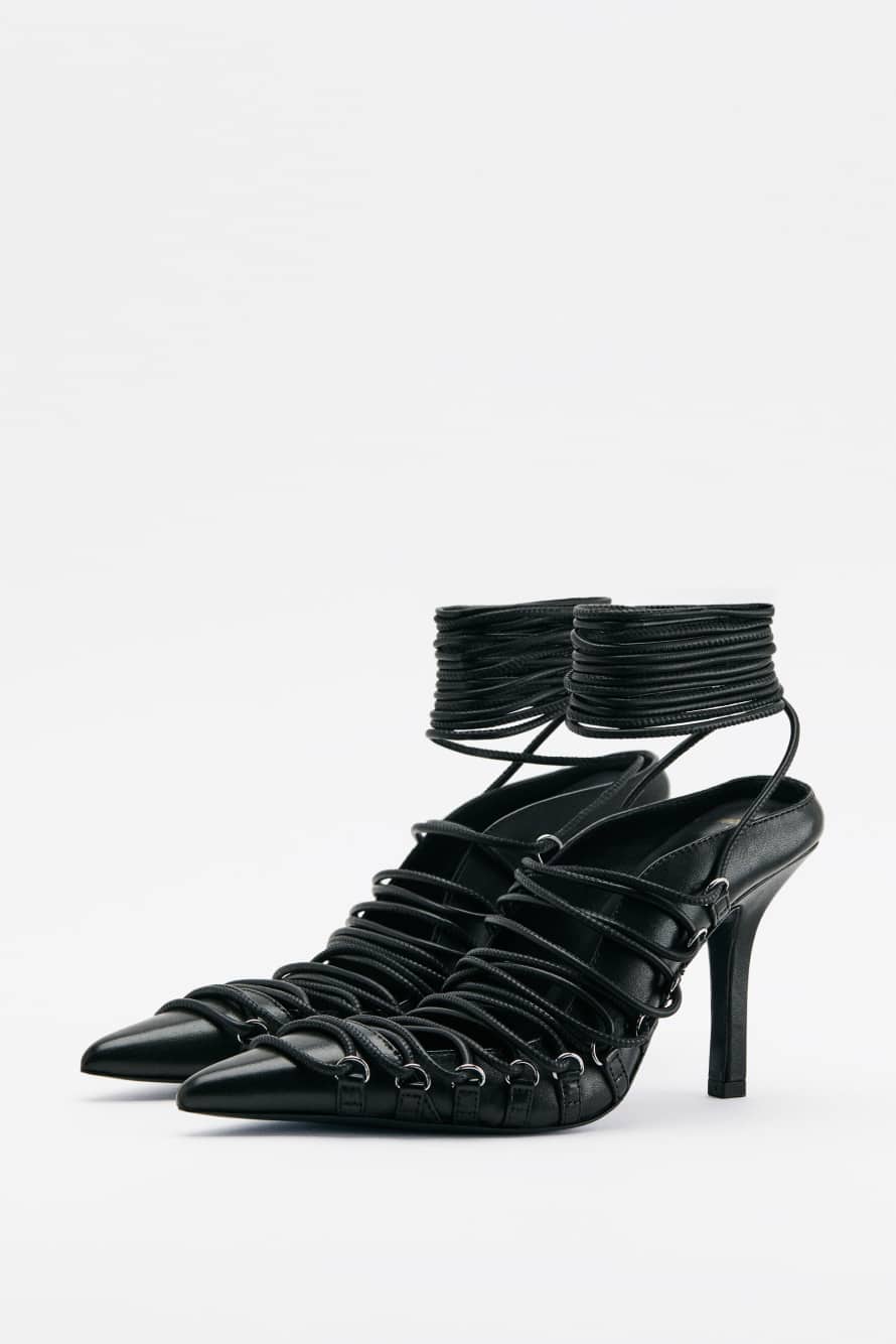 Laced Minimal Shape leather mules, Black/Silver, Patrizia Pepe